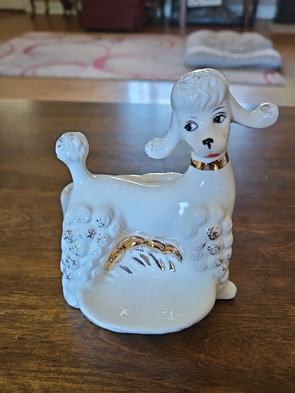 Vintage White Ceramic Poodle with Gold Accents